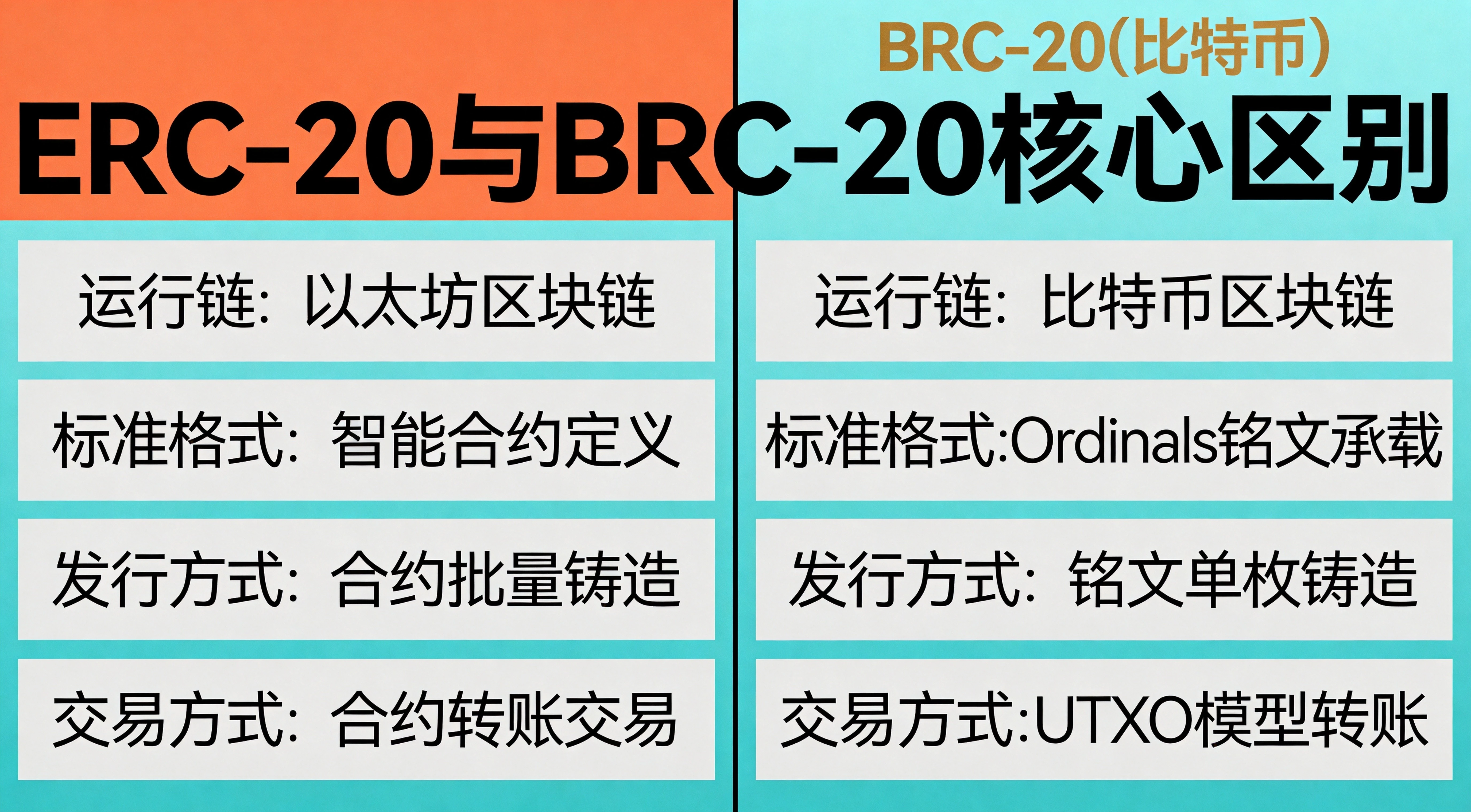 蓝绿色对比表格设计,左栏ERC-20(以太坊)、右栏BRC-20(比特币),对比运行链、标准格式、发行方式、交易方式四个维度 蓝绿色对比表格设计,左栏ERC-20(以太坊)、右栏BRC-20(比特币),对比运行链、标准格式、发行方式、交易方式四个维度