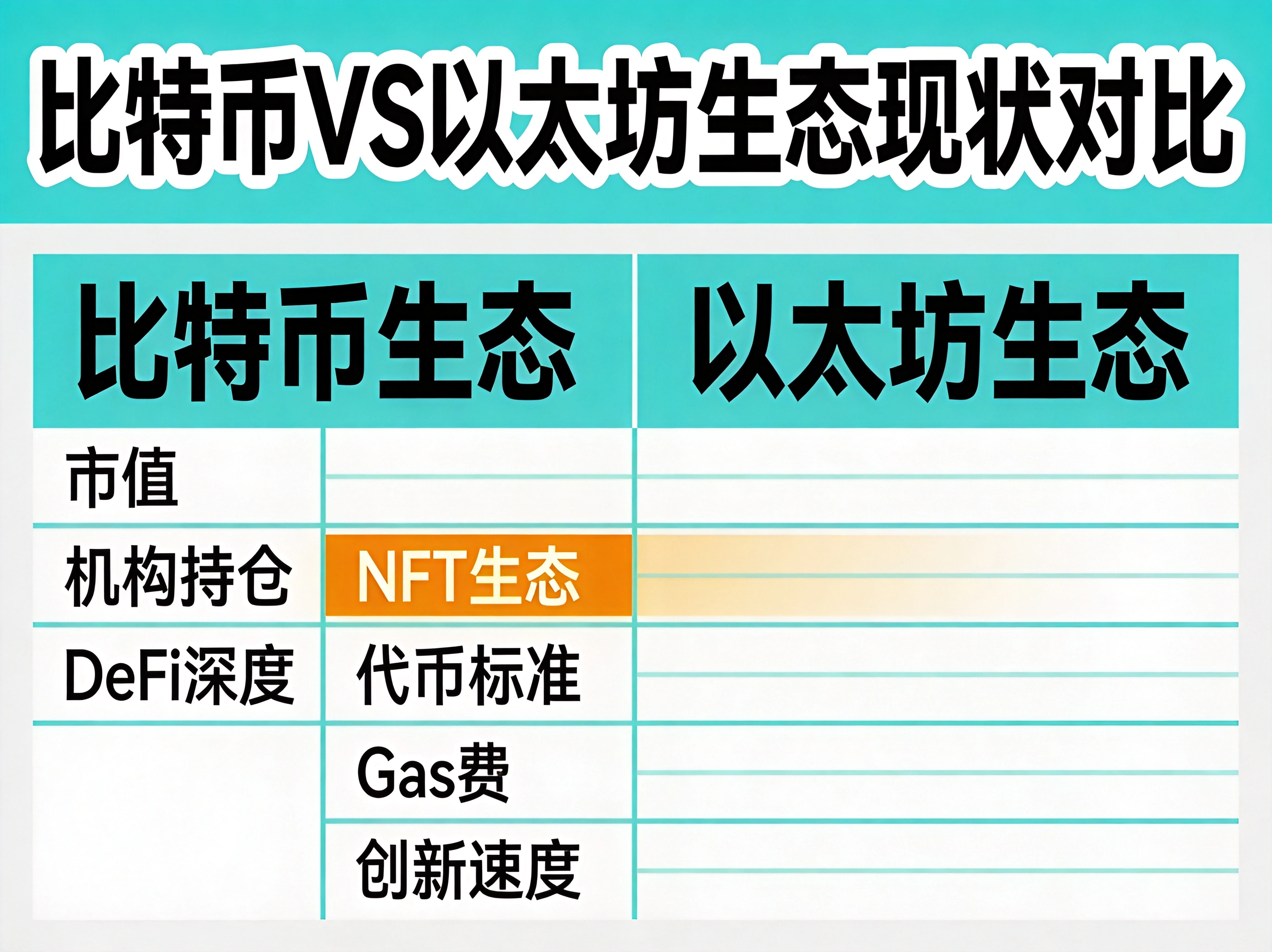 蓝绿色对比表格设计,左栏比特币生态、右栏以太坊生态,对比市值、机构持仓、DeFi深度、NFT生态、代币标准、Gas费、创新速度七个维度 蓝绿色对比表格设计,左栏比特币生态、右栏以太坊生态,对比市值、机构持仓、DeFi深度、NFT生态、代币标准、Gas费、创新速度七个维度