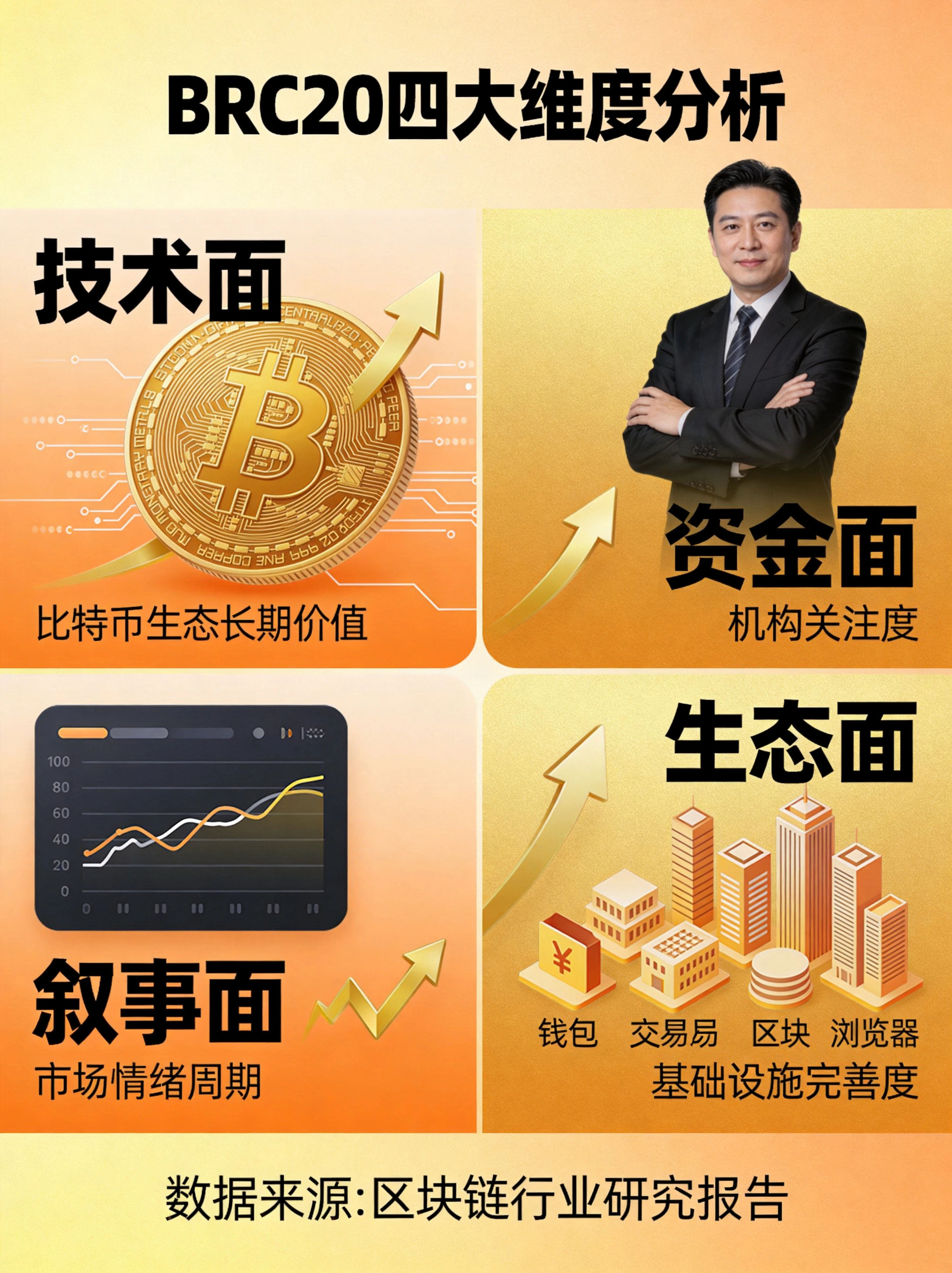 BRC20四大维度分析信息图,展示技术面(比特币生态长期价值)、资金面(机构关注度)、叙事面(市场情绪周期)、生态面(基础设施完善度 BRC20四大维度分析信息图,展示技术面(比特币生态长期价值)、资金面(机构关注度)、叙事面(市场情绪周期)、生态面(基础设施完善度