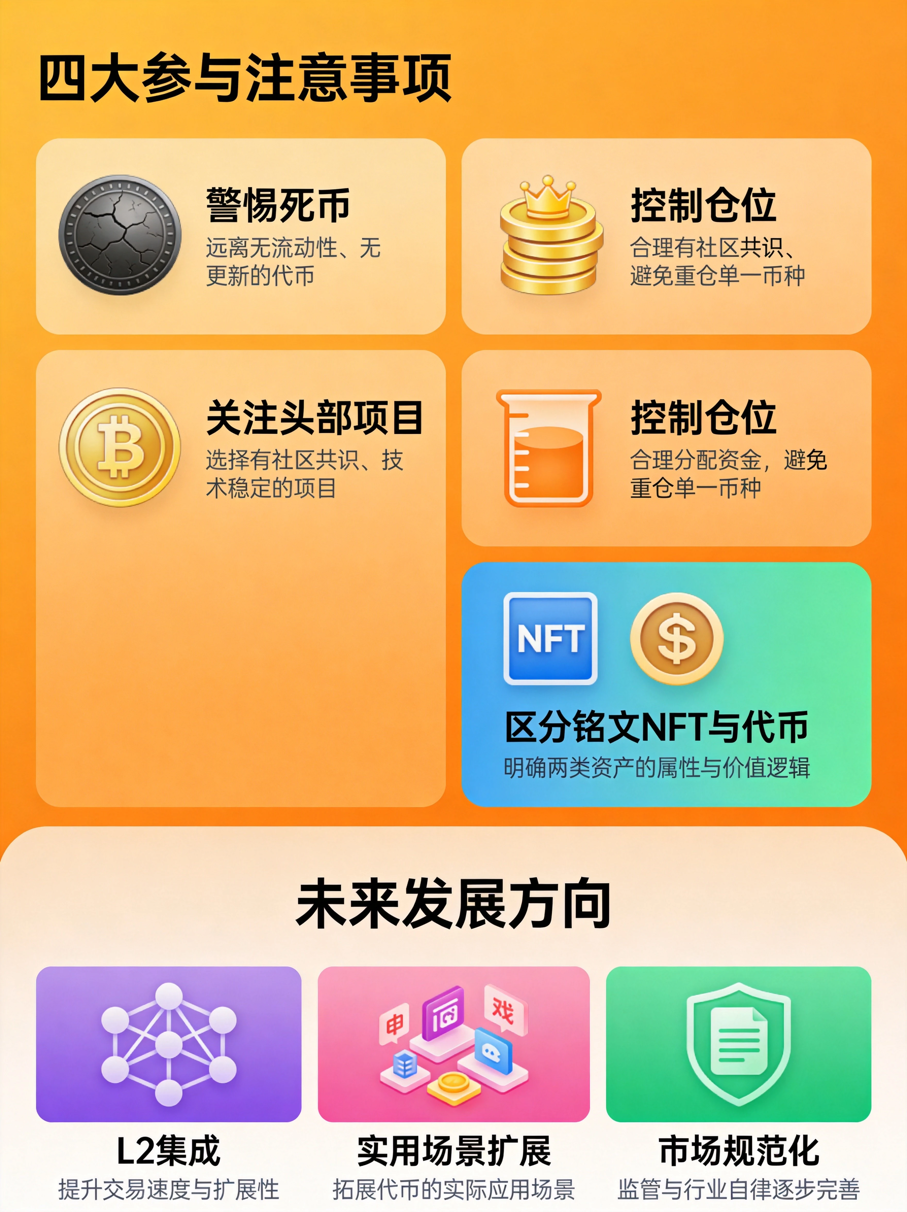 BRC20参与注意事项与未来发展方向图,展示警惕死币、关注头部项目、控制仓位、区分铭文NFT与代币四个安全要点,以及L2集成、场景扩展、市场规范化三个未来方向 BRC20参与注意事项与未来发展方向图,展示警惕死币、关注头部项目、控制仓位、区分铭文NFT与代币四个安全要点,以及L2集成、场景扩展、市场规范化三个未来方向